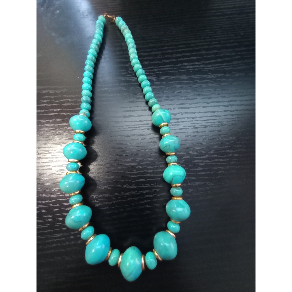 20" Faux‎ Turquoise Acrylic Bead Choker Necklace Gold Tone Spacers